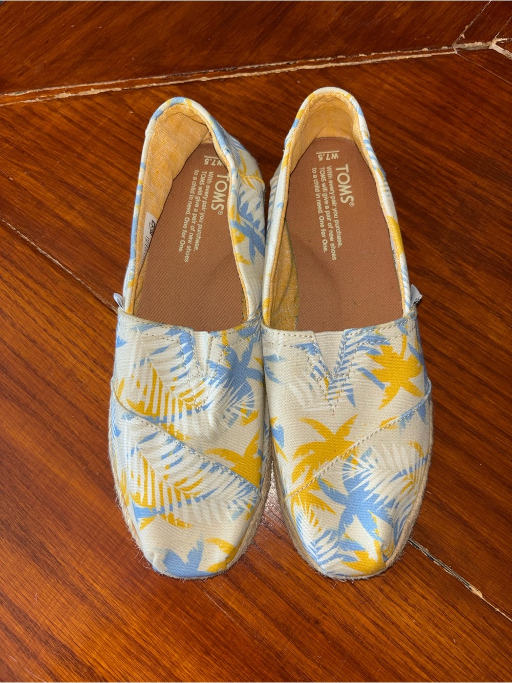 TOMS Women’s Tropical Palm Print Slip-Ons in Blue & Yellow
